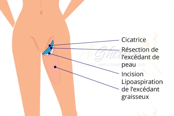Schéma d'un lifting des cuisses